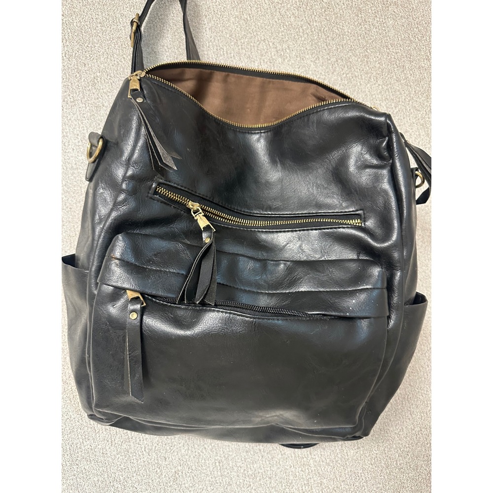 Black Faux Leather Multi-Pocket Backpack Gold Hardware Adjustable Straps